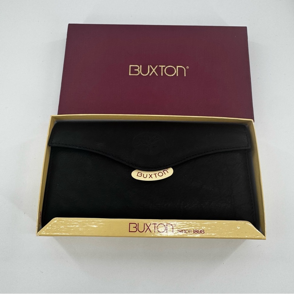 Vintage Buxton Black Genuine Cowhide Clutch Tri Fold‎ Wallet Purse Organizer New